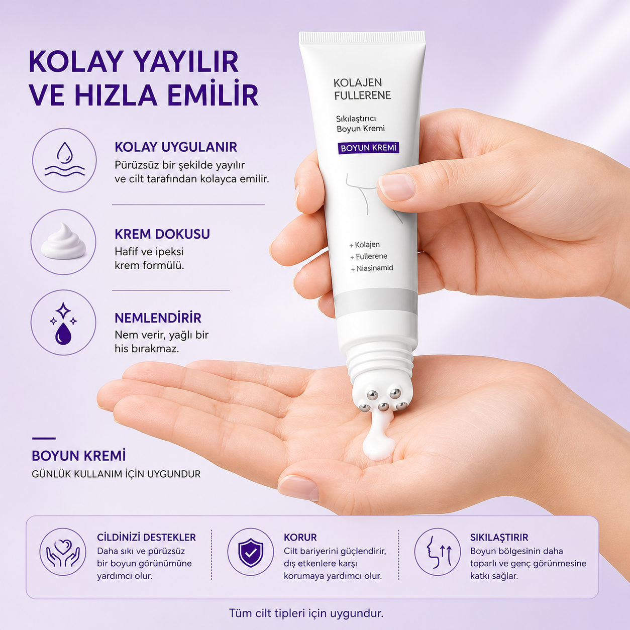 Silindir Masajlı Boyun Kremi Kolajen ve Hyaluronik Asit | Boynu Sıkılaştırır, Kırışıklıkları ve Çift Çeneyi Azaltır