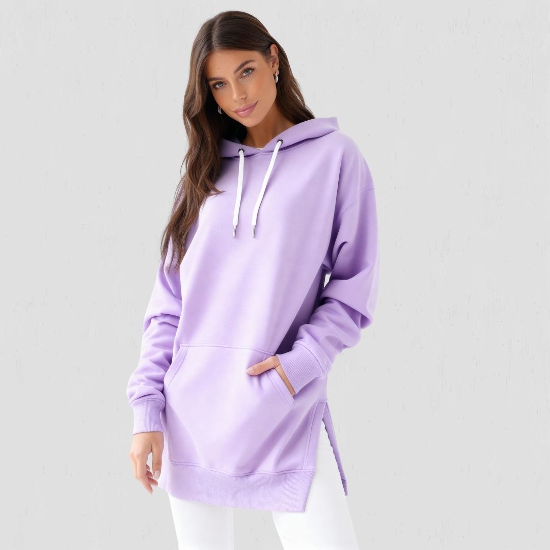 Kadın oversize kapüşonlu sweatshirt elbise - Mor