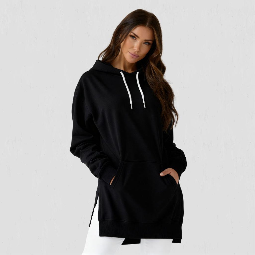 Kadın oversize kapüşonlu sweatshirt elbise - Siyah