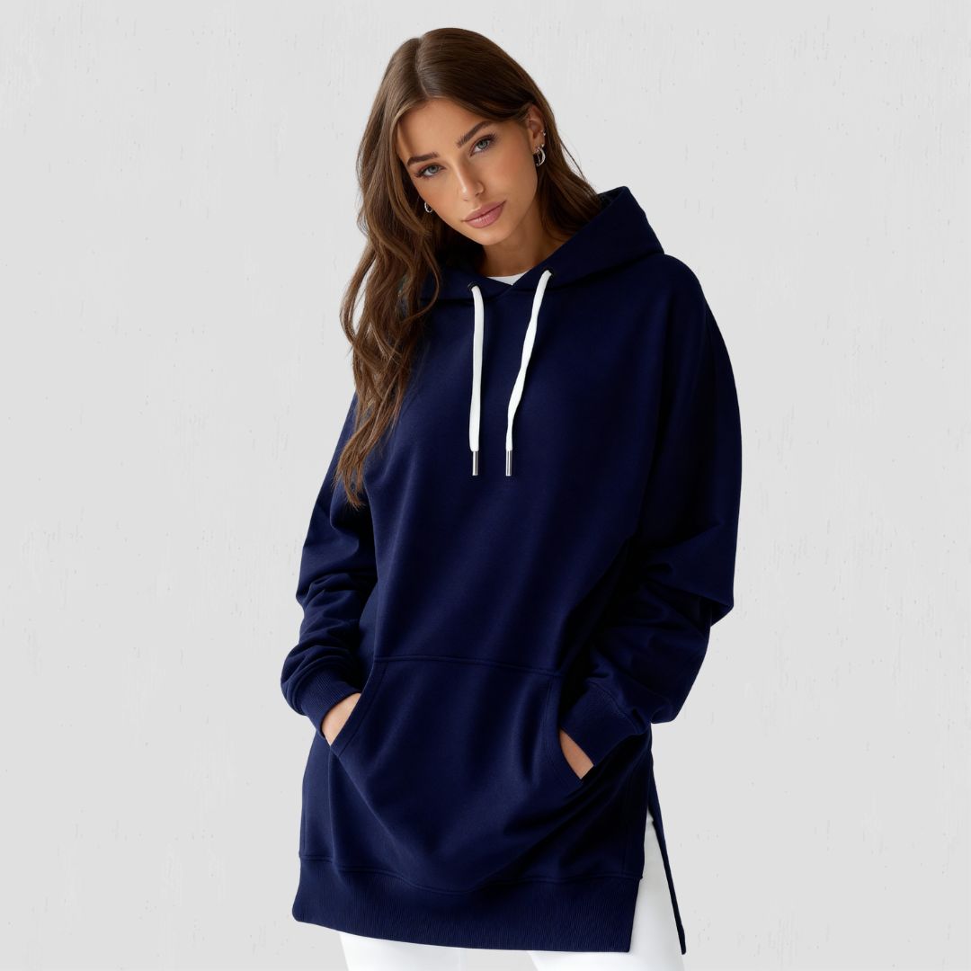 Kadın oversize kapüşonlu sweatshirt elbise - Lacivert