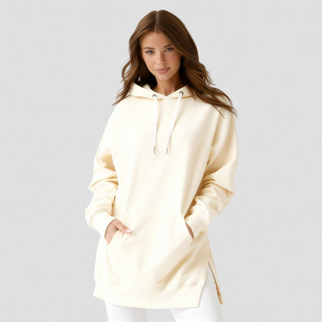 Kadın oversize kapüşonlu sweatshirt elbise - Krem