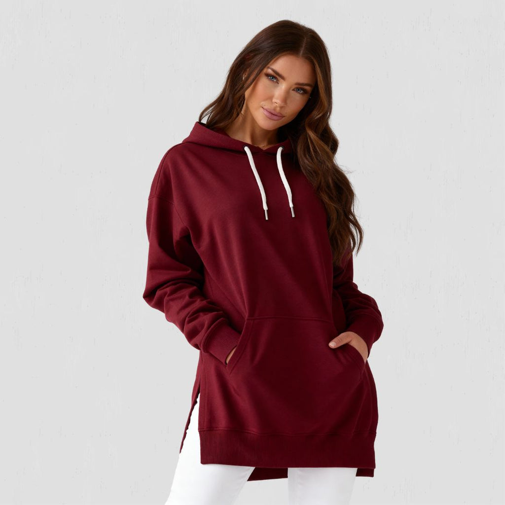 Kadın oversize kapüşonlu sweatshirt elbise - Kırmızı