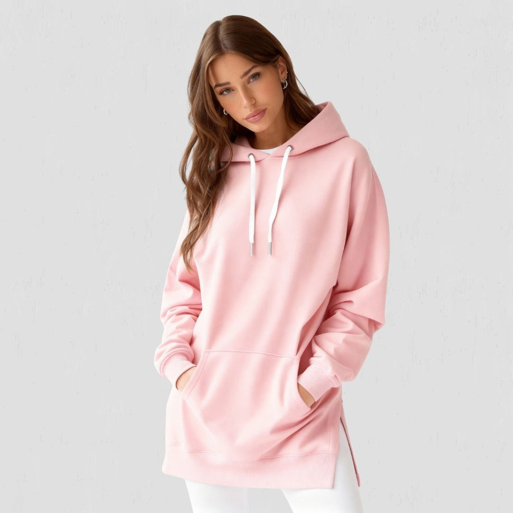 Kadın oversize kapüşonlu sweatshirt elbise - Pembe