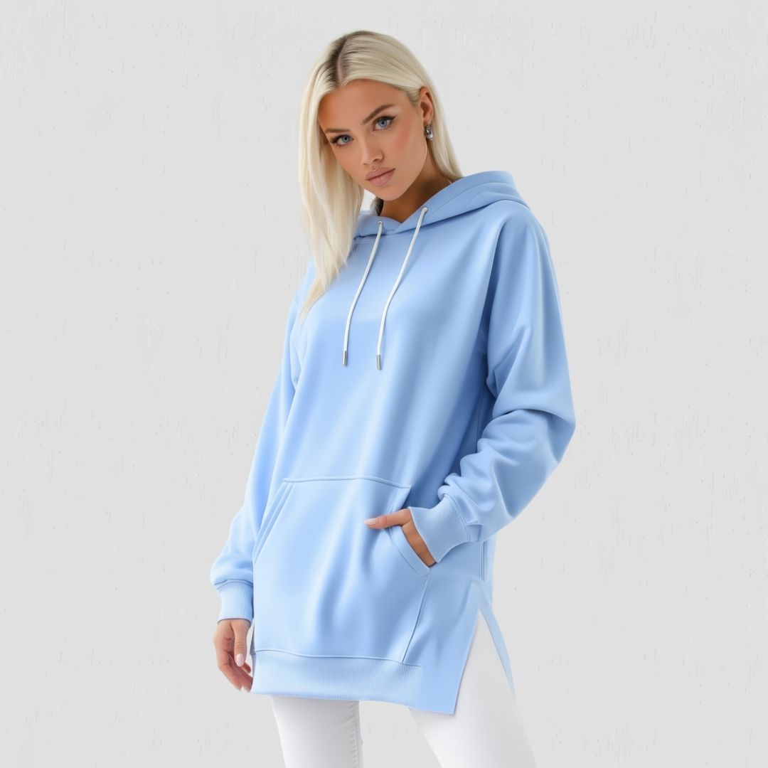 Kadın oversize kapüşonlu sweatshirt elbise - Bebek Mavisi