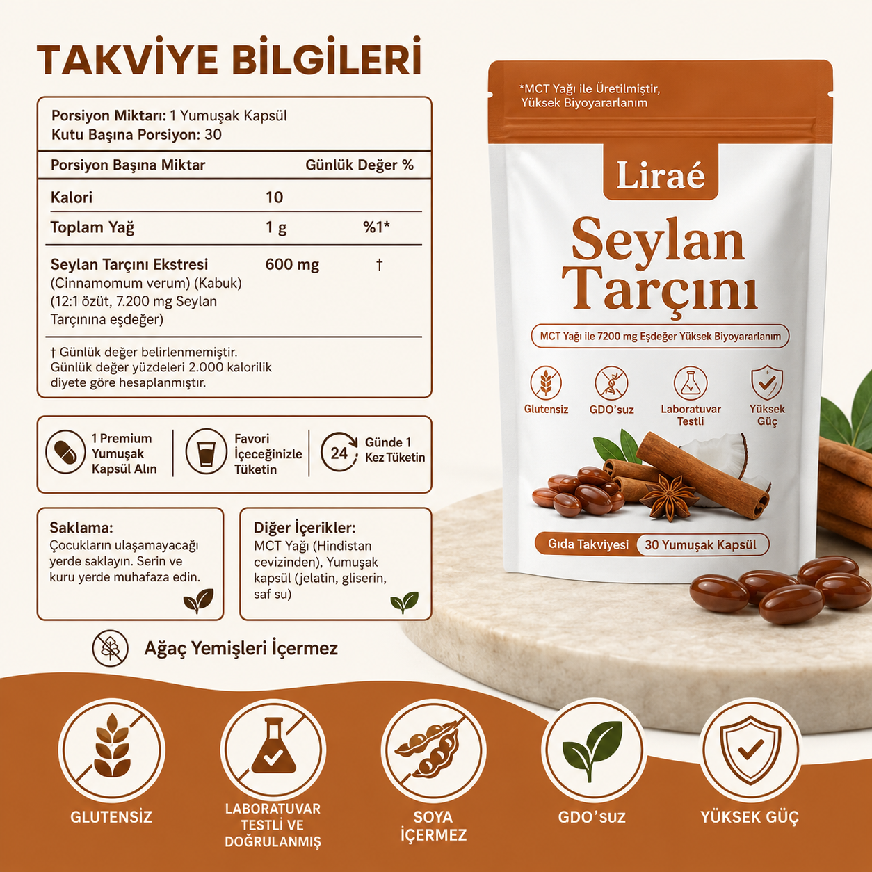 7200 mg Seylan Tarçını (MCT Yağı ile Eşdeğer)