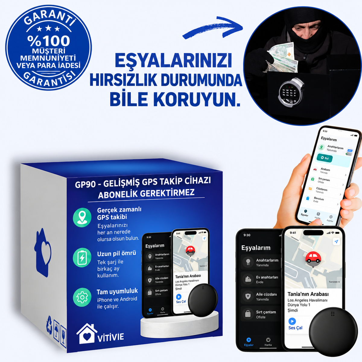 GP90 - Abonelik gerektirmeyen doğru GPS takip cihazı (Android/Apple)