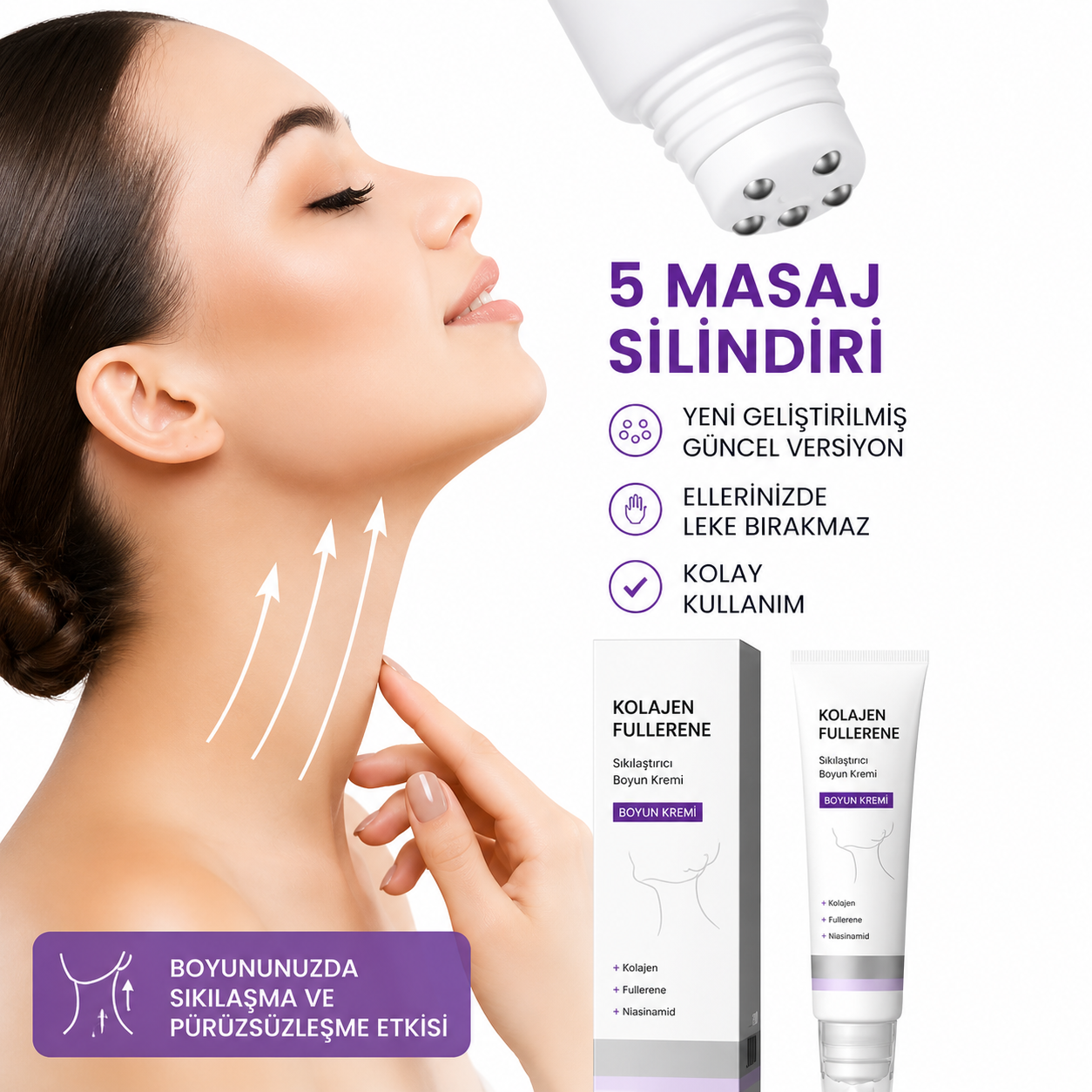 Silindir Masajlı Boyun Kremi Kolajen ve Hyaluronik Asit | Boynu Sıkılaştırır, Kırışıklıkları ve Çift Çeneyi Azaltır